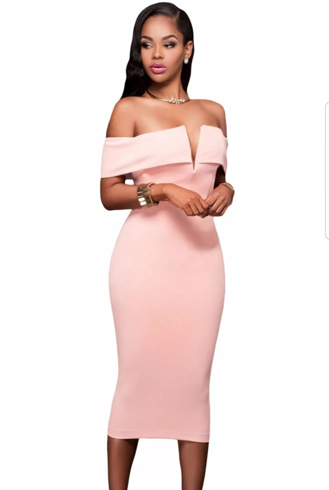 Thalia Off Shoulder Midi Dress-Pink