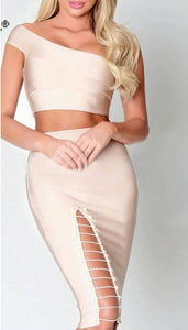 Alexa Embellished One Shoulder Two Piece Bandage Set-Khaki