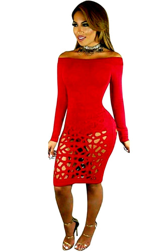 Lucious Off Shoulder Cut Out Dress-Red