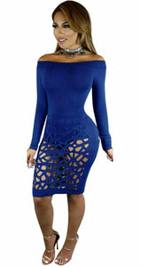 Lucious Off Shoulder Cut Out Dress-Blue