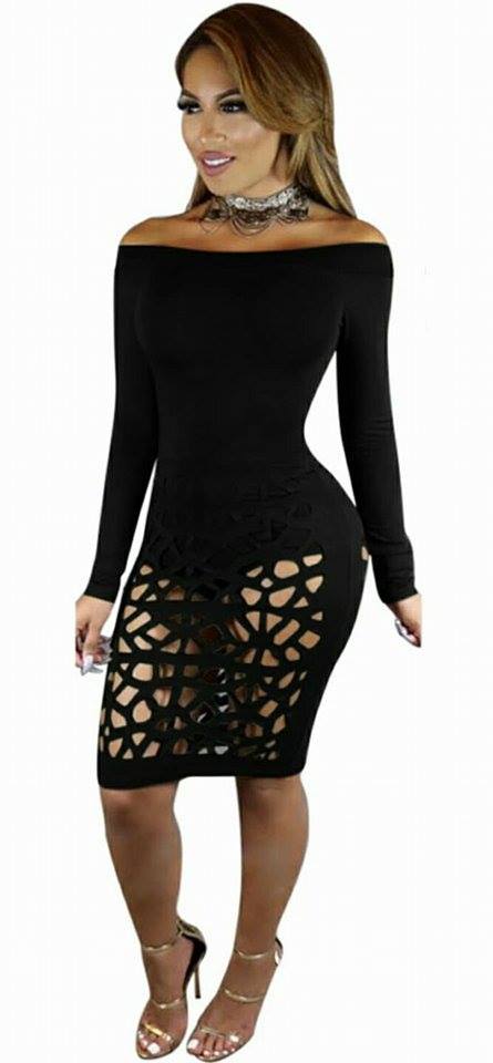 Lucious Off Shoulder Cut Out Dress-Black