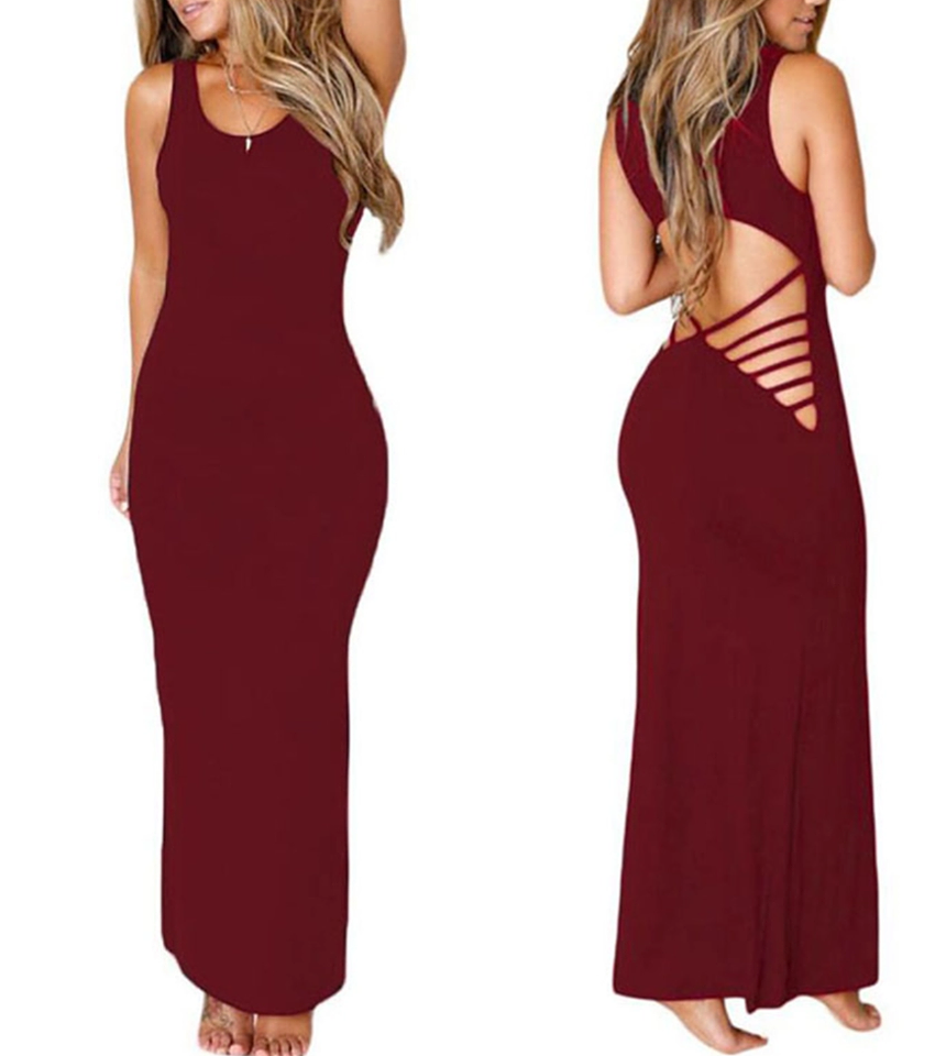 Malaysia Hollowed Out Solid Dress-Burgundy