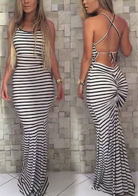 Striped Print Maxi Long Dress