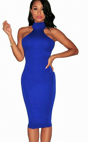 Vintage High Neck Midi Dress-Blue