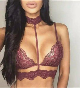 Floral Sheer Lace Brallete Choker Top-Brown