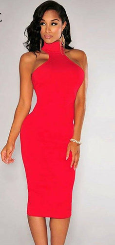 Vintage High Neck Midi Dress-Red