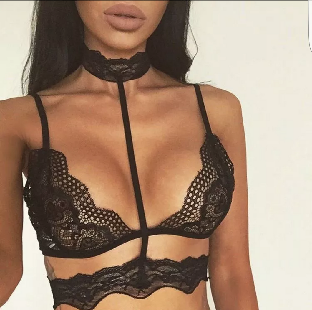 Floral Sheer Lace Bralette Choker Top-Black